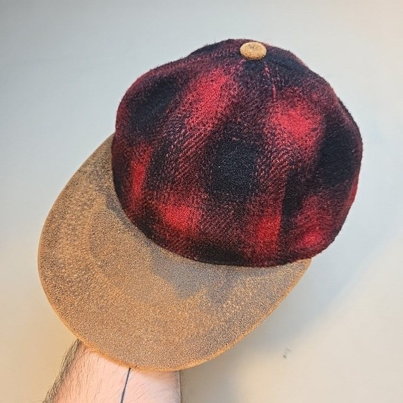 VTG Wool Leather Brim Plaid Hat Strapback Cap Red Black Brown Adjustable Smaller - Picture 3 of 10